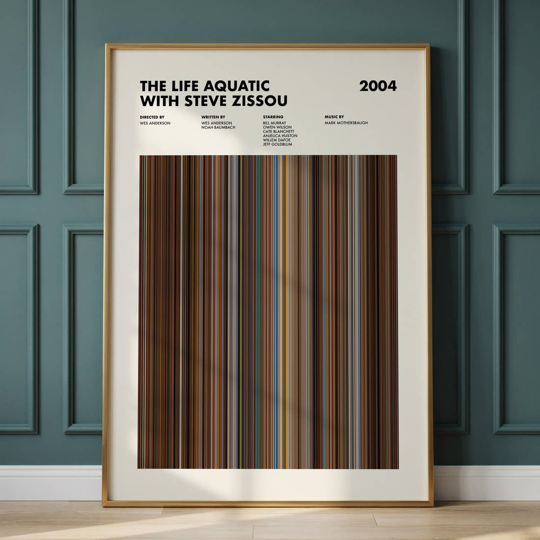 The Life Aquatic With Steve Zissou Movie Barcode Poster framed and leaning against a panelled wall