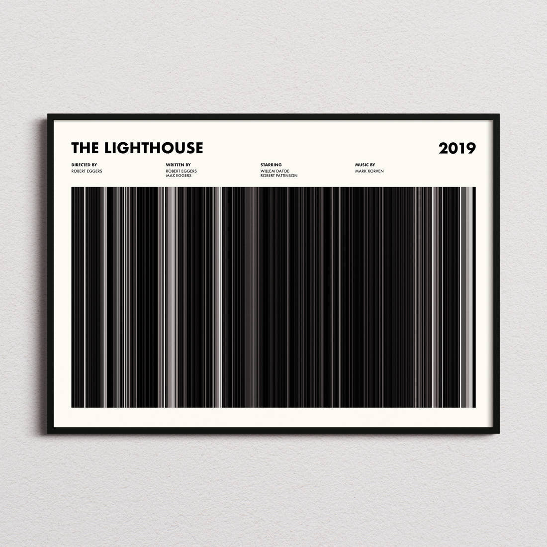 The Lighthouse Movie Barcode Poster framed and photographed straight on