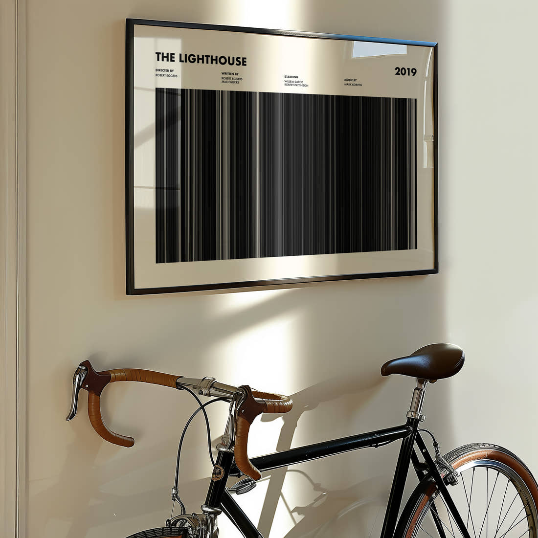 The Lighthouse Movie Barcode Poster framed on the wall of a styled room setting