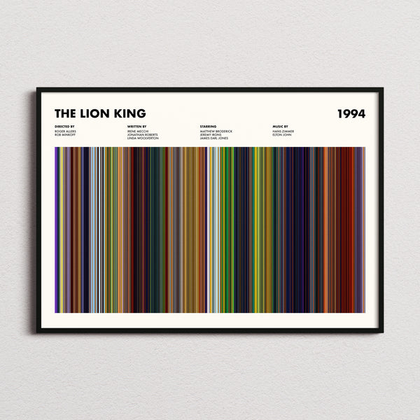 The Lion King Movie Barcode Poster framed and photographed straight on