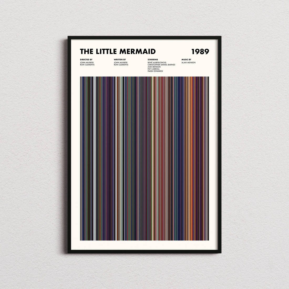 The Little Mermaid (1989) Movie Barcode Poster framed on a plain studio wall