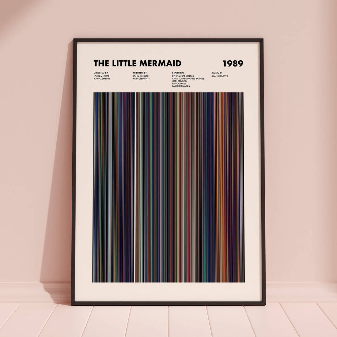 The Little Mermaid (1989) Movie Barcode Poster framed and leaning against a coloured wall