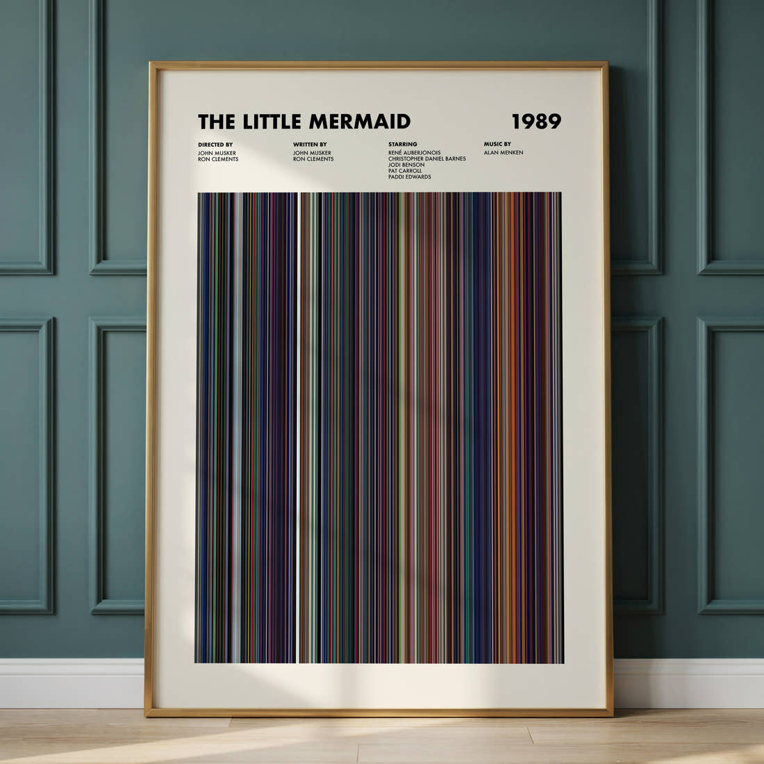The Little Mermaid (1989) Movie Barcode Poster framed and leaning against a panelled wall