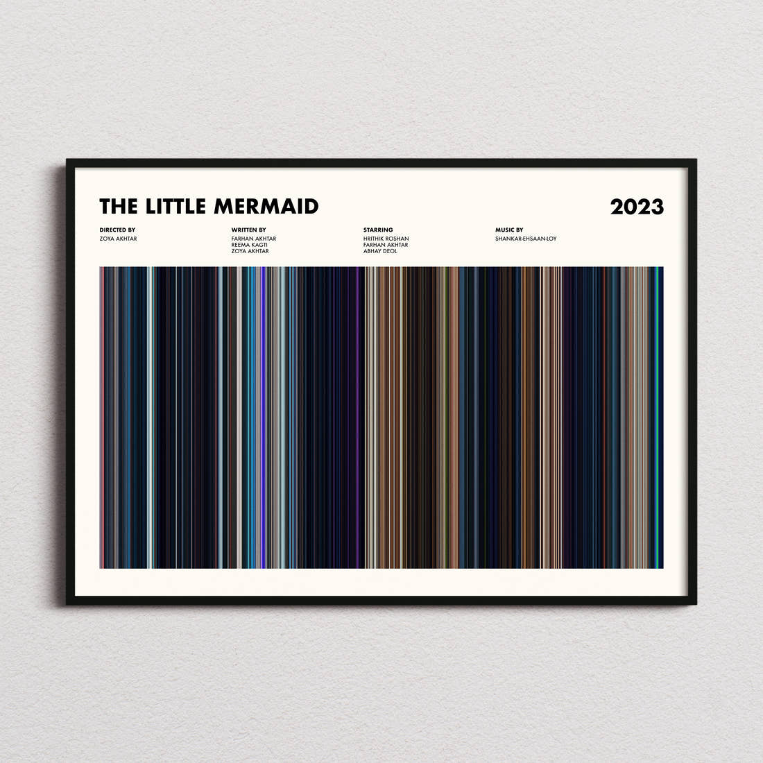 The Little Mermaid 2023 Movie Barcode Poster framed and photographed straight on