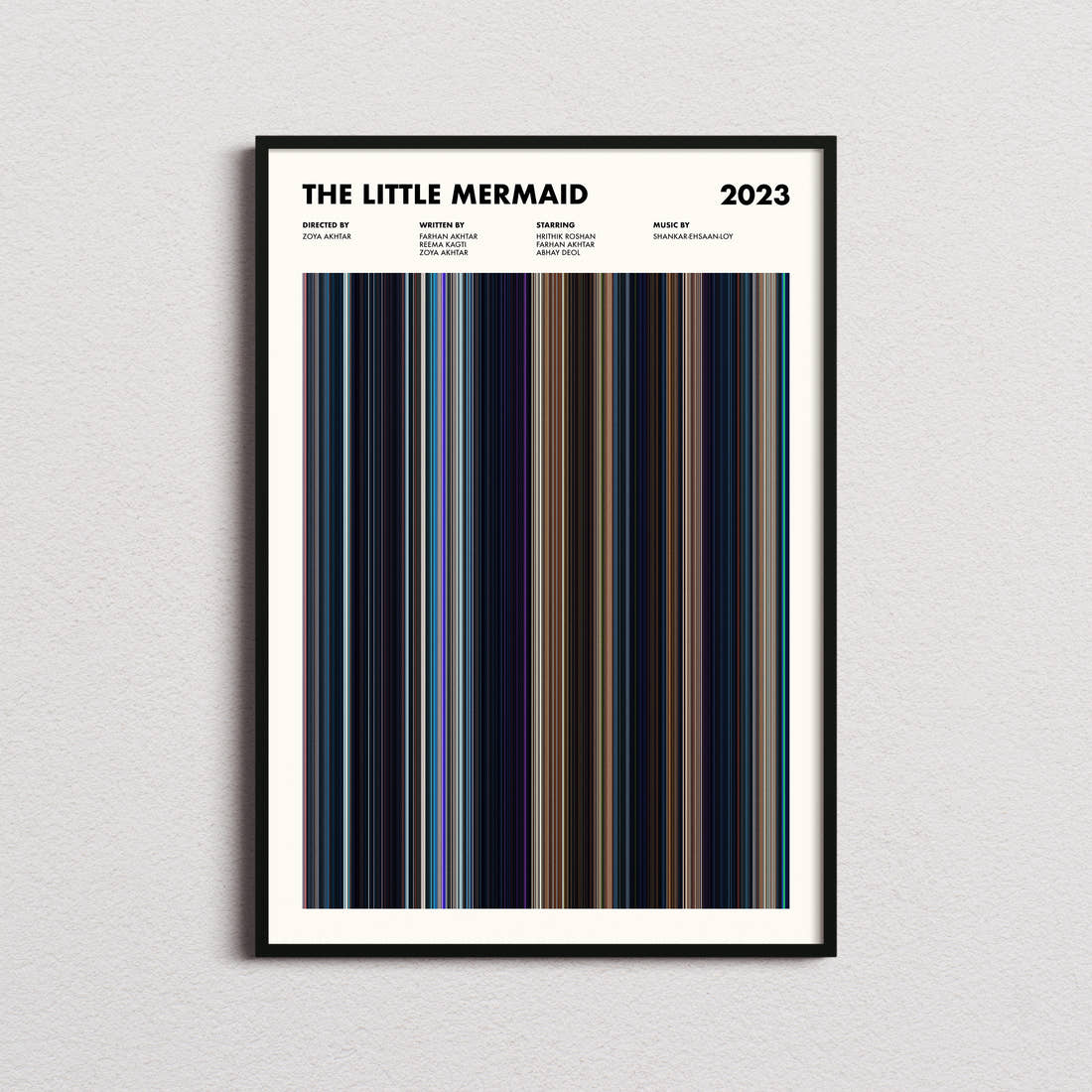 The Little Mermaid 2023 Movie Barcode Poster framed on a plain studio wall