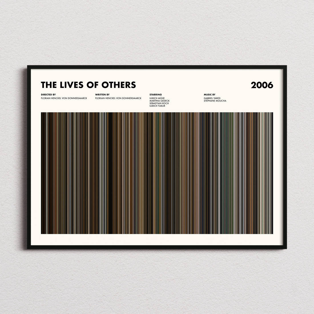 The Lives of Others Movie Barcode Poster framed and photographed straight on
