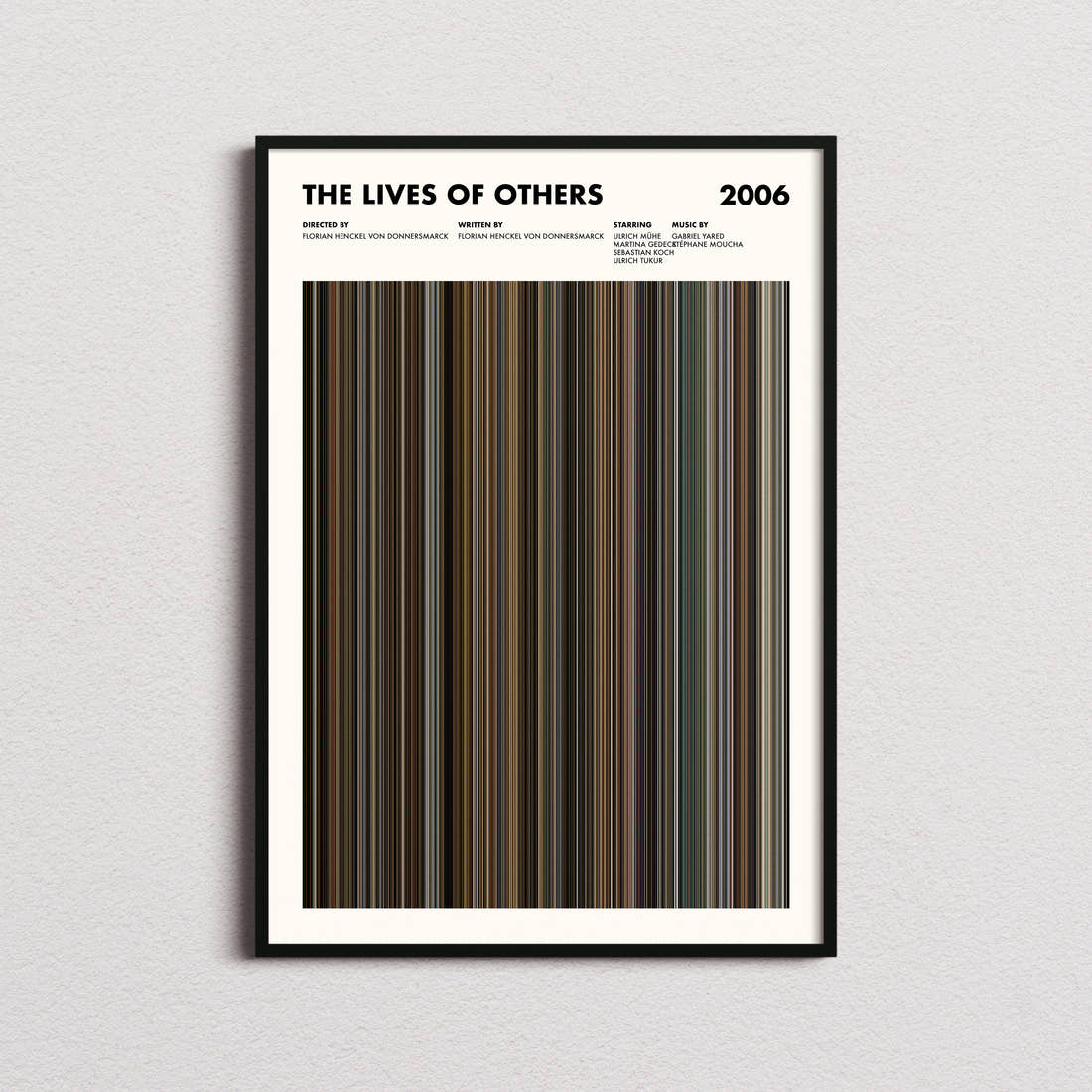 The Lives of Others Movie Barcode Poster framed on a plain studio wall