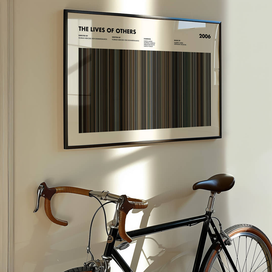 The Lives of Others Movie Barcode Poster framed on the wall of a styled room setting