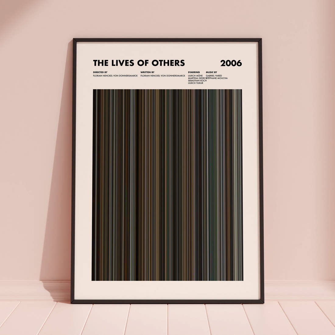 The Lives of Others Movie Barcode Poster framed and leaning against a coloured wall