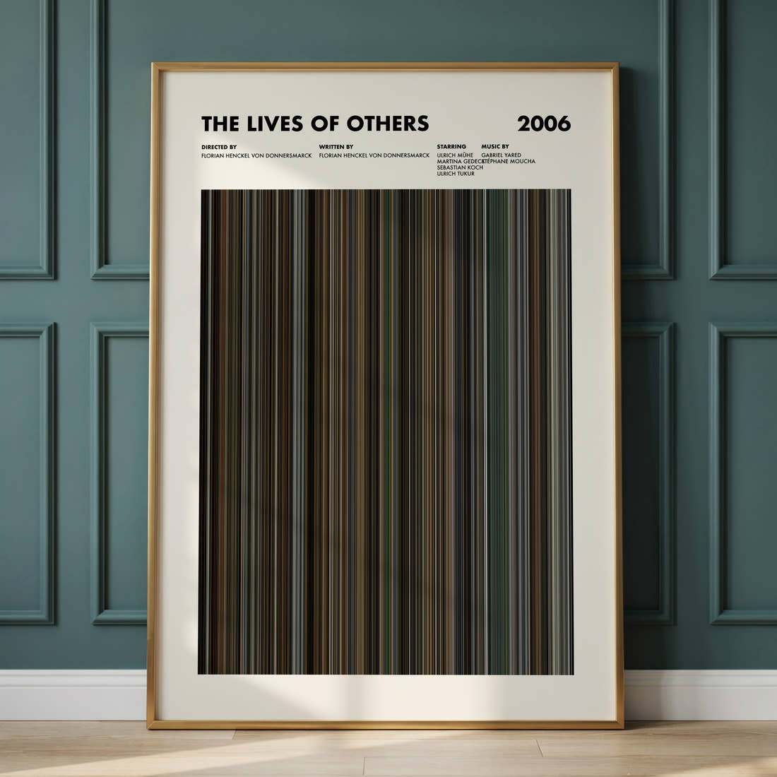 The Lives of Others Movie Barcode Poster framed and leaning against a panelled wall