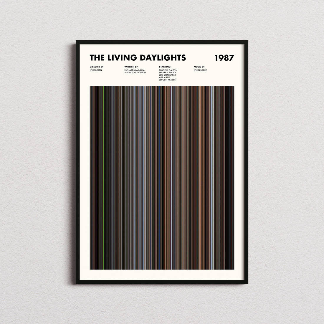 The Living Daylights Movie Barcode Poster framed on a plain studio wall