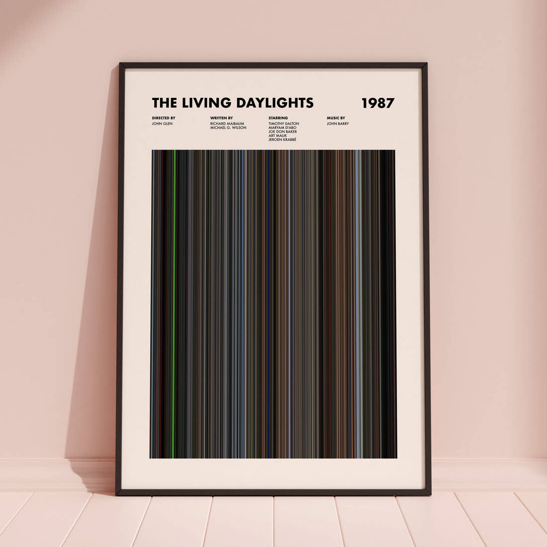 The Living Daylights Movie Barcode Poster framed and leaning against a coloured wall