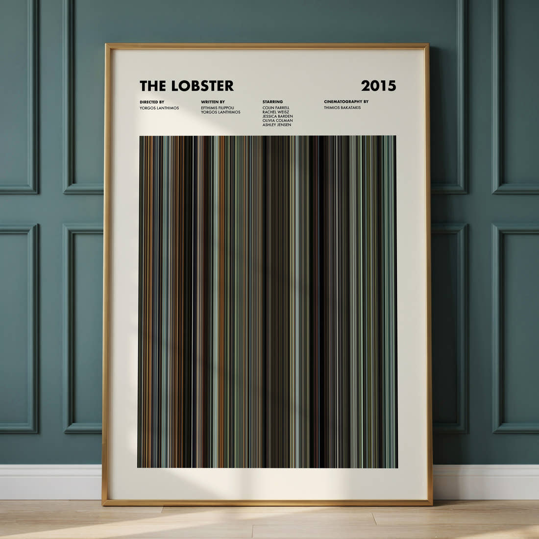 The Lobster Movie Barcode Poster framed and leaning against a panelled wall
