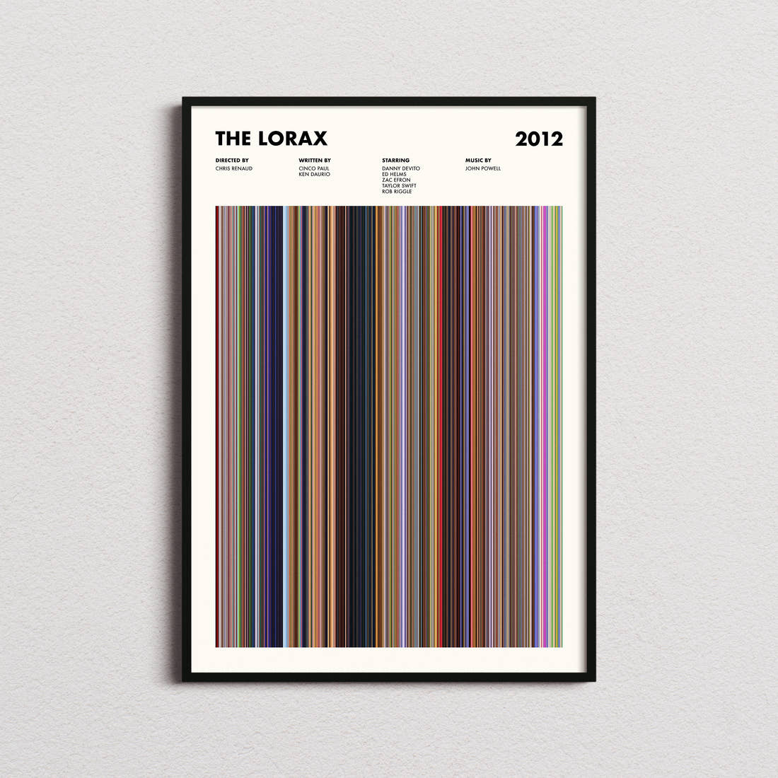 The Lorax Movie Barcode Poster framed on a plain studio wall