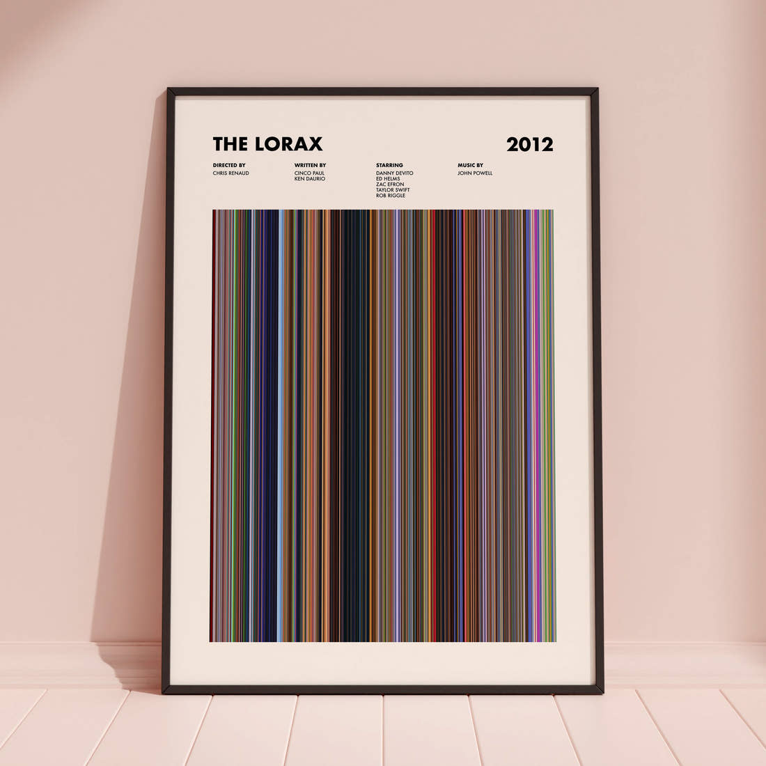 The Lorax Movie Barcode Poster framed and leaning against a coloured wall