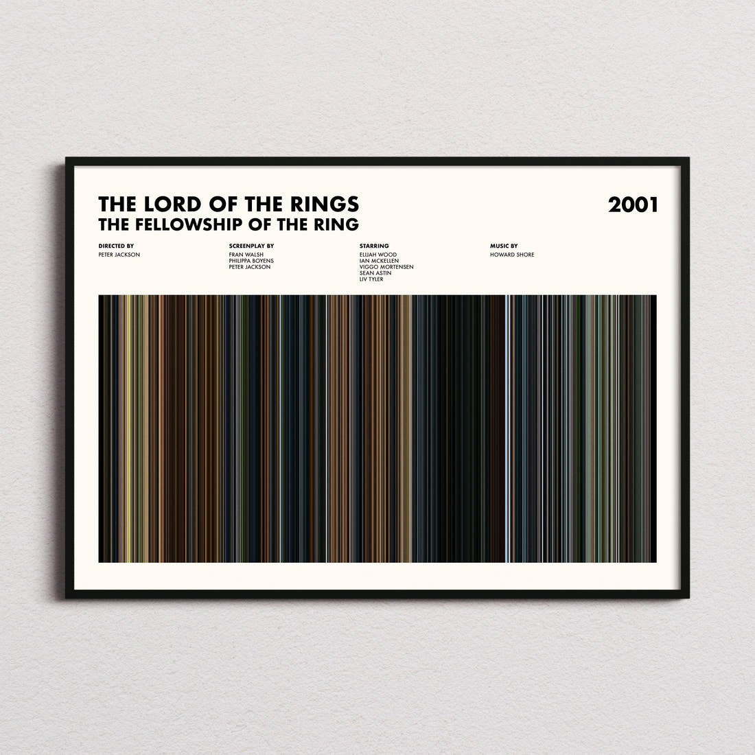 The Lord of the Rings: The Fellowship of the Ring Movie Barcode Poster framed and photographed straight on