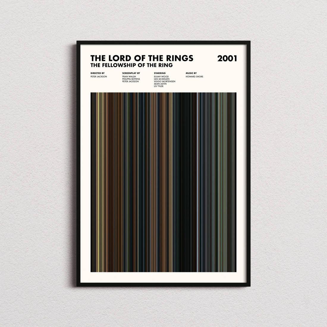 The Lord of the Rings: The Fellowship of the Ring Movie Barcode Poster framed on a plain studio wall