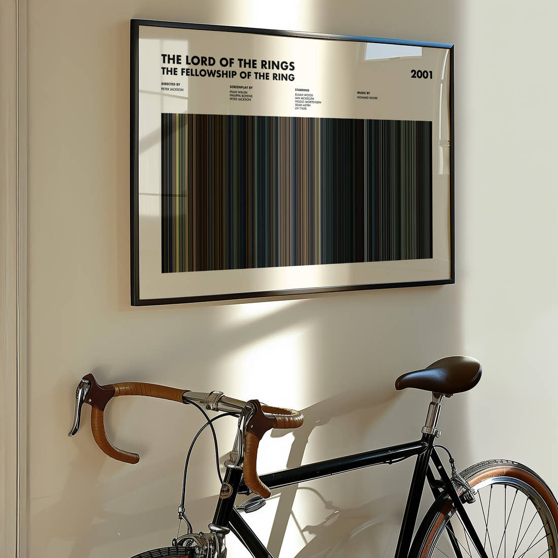 The Lord of the Rings: The Fellowship of the Ring Movie Barcode Poster framed on the wall of a styled room setting