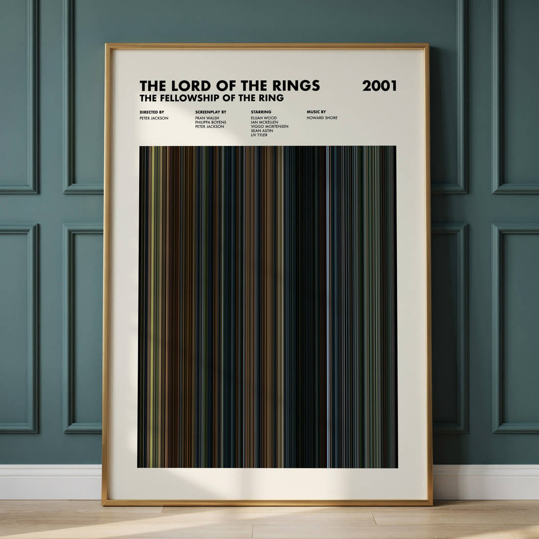 The Lord of the Rings: The Fellowship of the Ring Movie Barcode Poster framed and leaning against a panelled wall