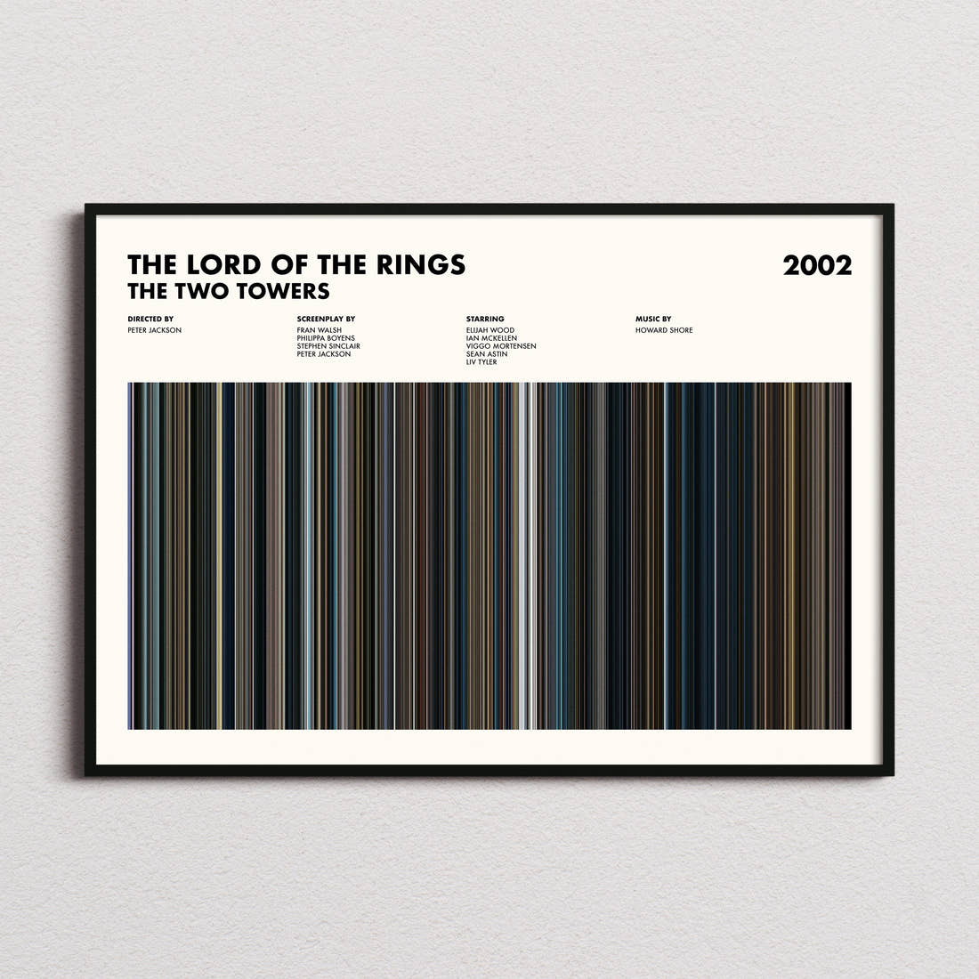 The Lord of the Rings: The Two Towers Movie Barcode Poster framed and photographed straight on