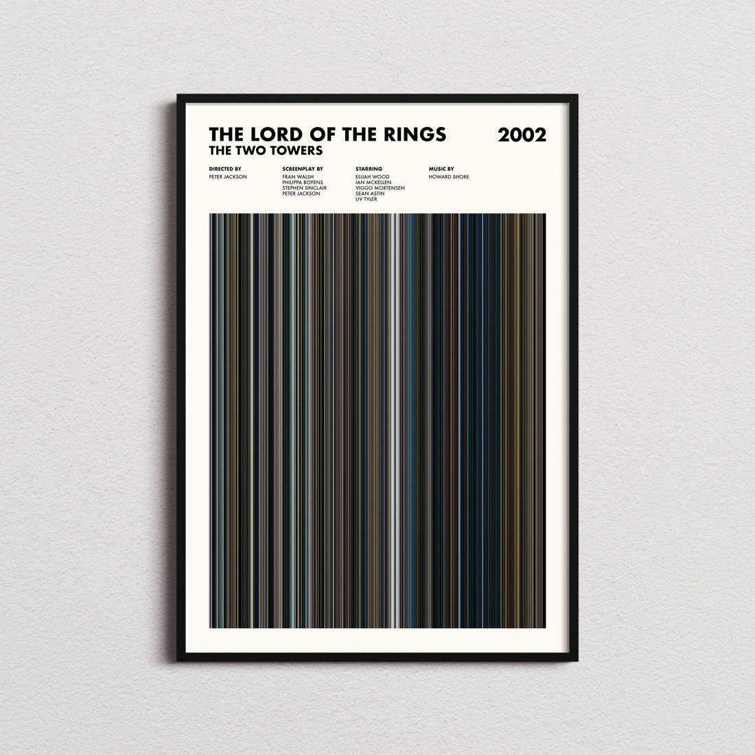 The Lord of the Rings: The Two Towers Movie Barcode Poster framed on a plain studio wall