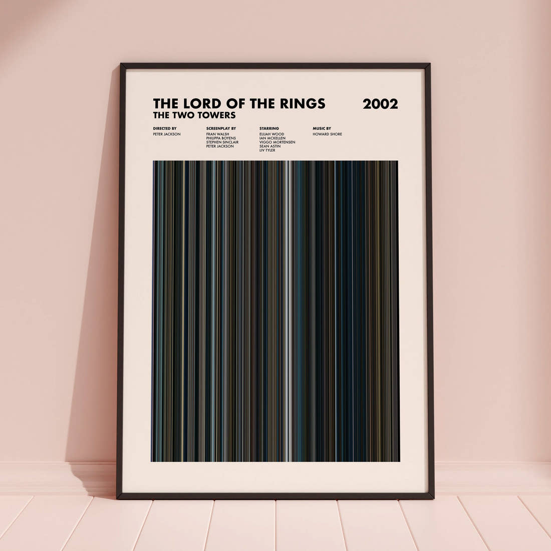 The Lord of the Rings: The Two Towers Movie Barcode Poster framed and leaning against a coloured wall