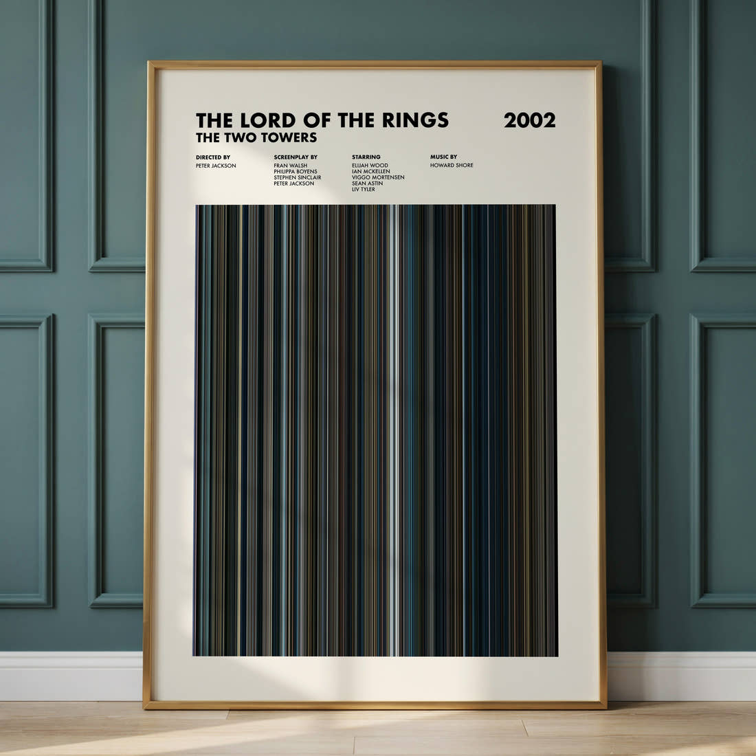 The Lord of the Rings: The Two Towers Movie Barcode Poster framed and leaning against a panelled wall