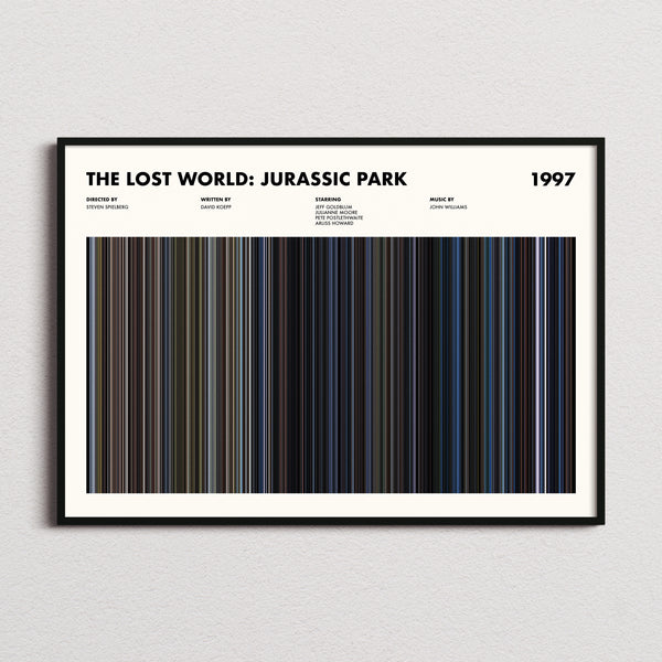 The Lost World: Jurassic Park Movie Barcode Poster framed and photographed straight on