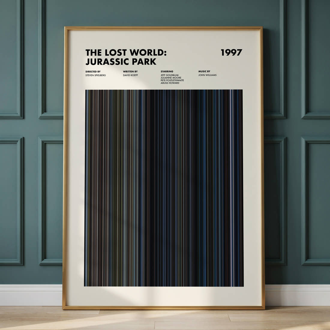 The Lost World: Jurassic Park Movie Barcode Poster framed and leaning against a panelled wall