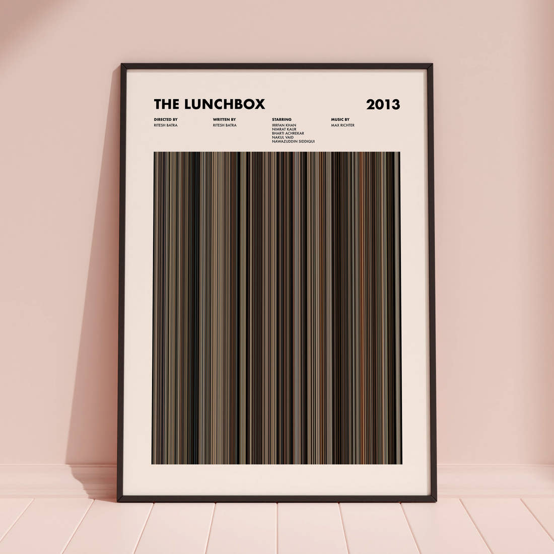 The Lunchbox Movie Barcode Poster framed and leaning against a coloured wall
