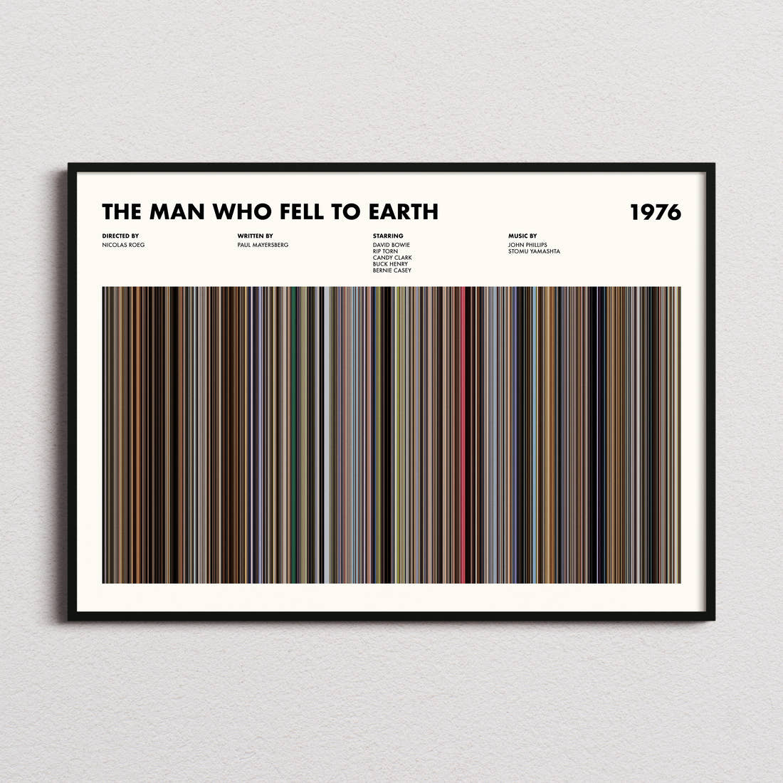 The Man Who Fell To Earth Movie Barcode Poster framed and photographed straight on