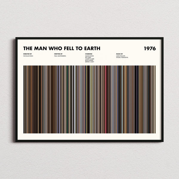 The Man Who Fell To Earth Movie Barcode Poster framed and photographed straight on