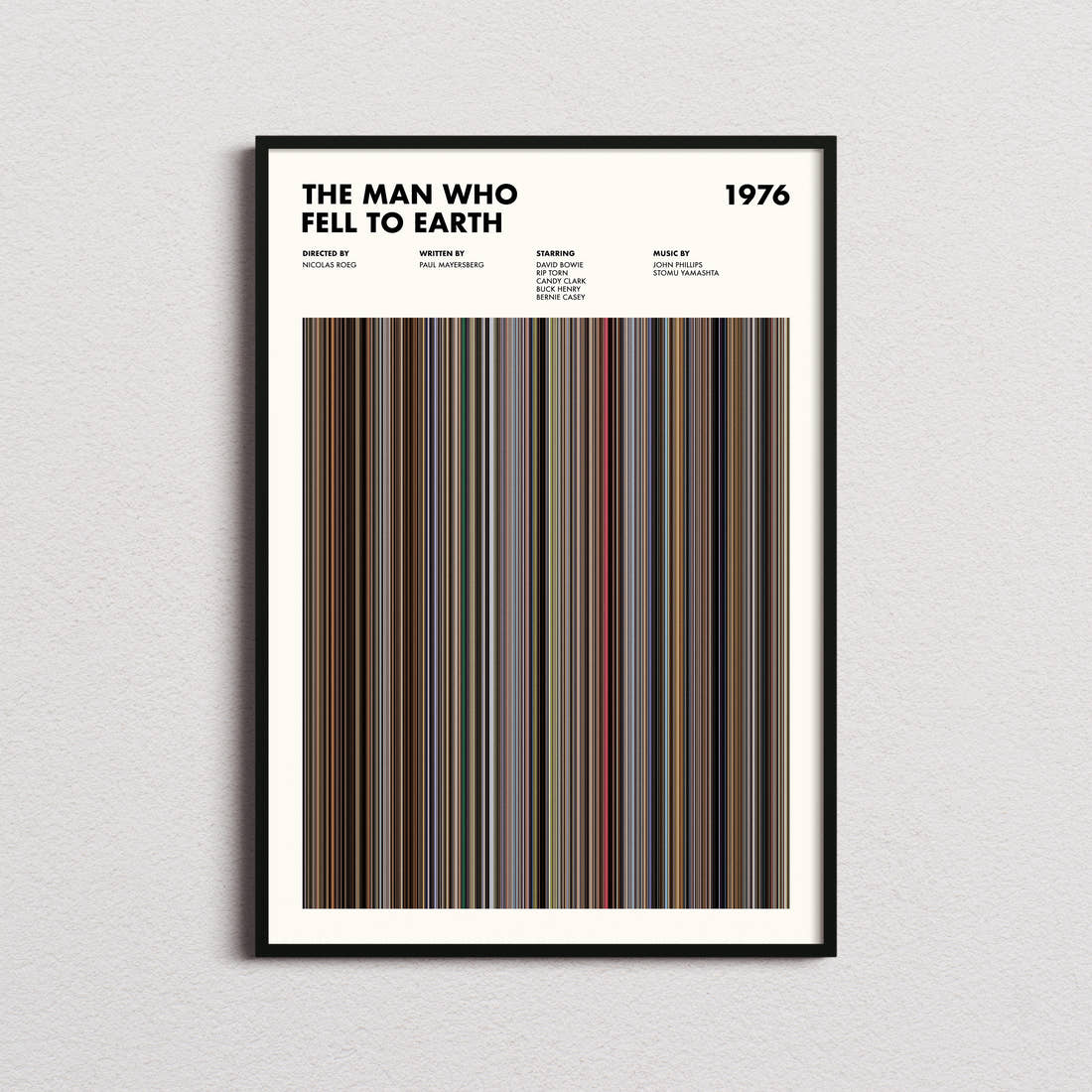 The Man Who Fell To Earth Movie Barcode Poster framed on a plain studio wall