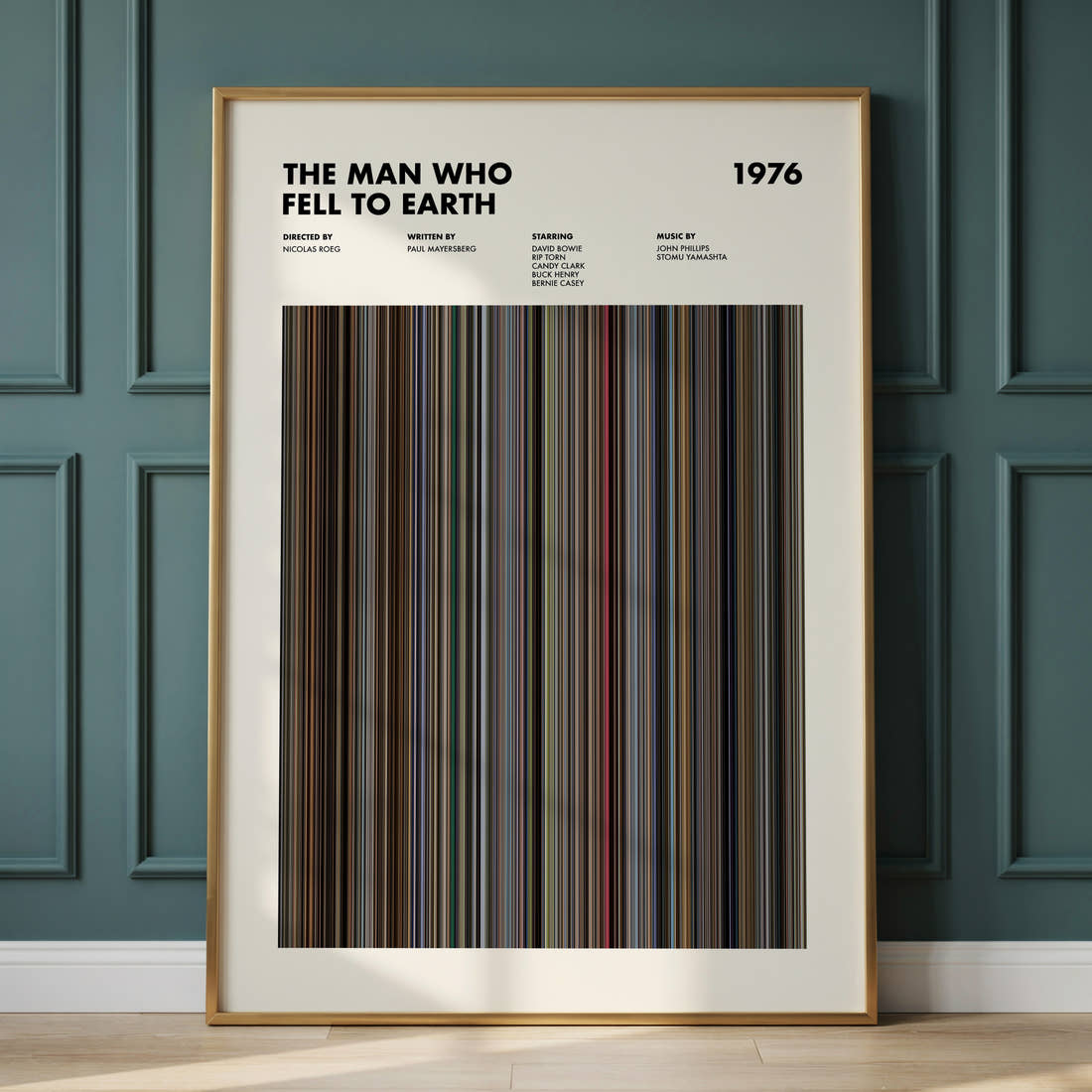 The Man Who Fell To Earth Movie Barcode Poster framed and leaning against a panelled wall