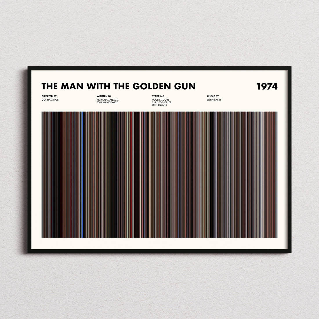 The Man with the Golden Gun Movie Barcode Poster framed and photographed straight on