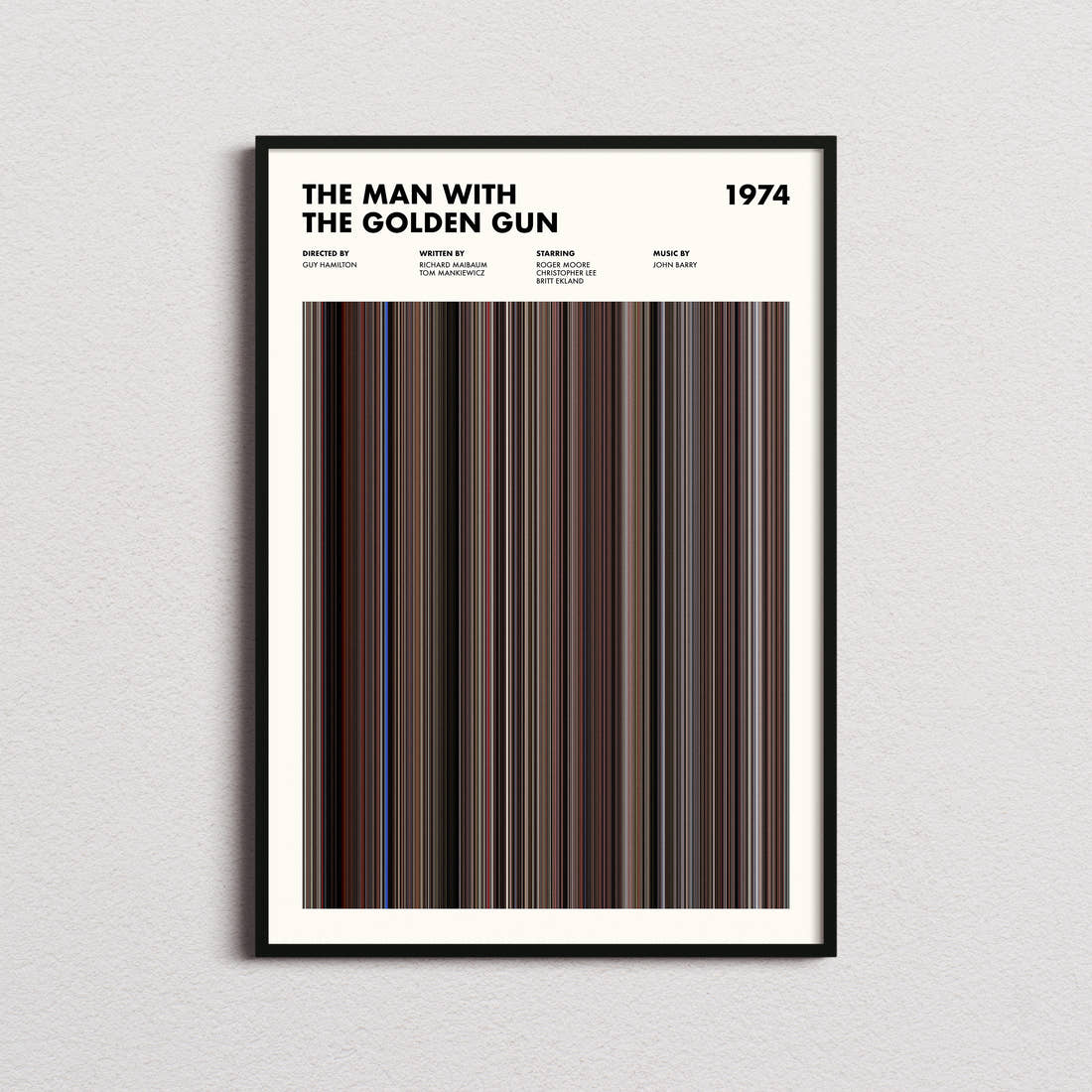 The Man with the Golden Gun Movie Barcode Poster framed on a plain studio wall