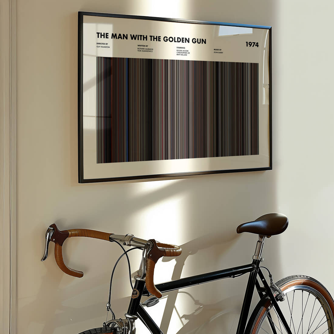 The Man with the Golden Gun Movie Barcode Poster framed on the wall of a styled room setting
