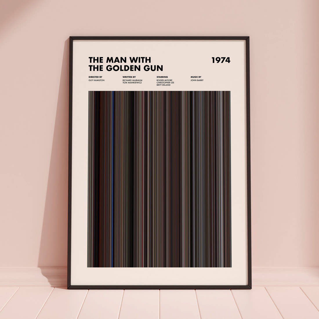 The Man with the Golden Gun Movie Barcode Poster framed and leaning against a coloured wall