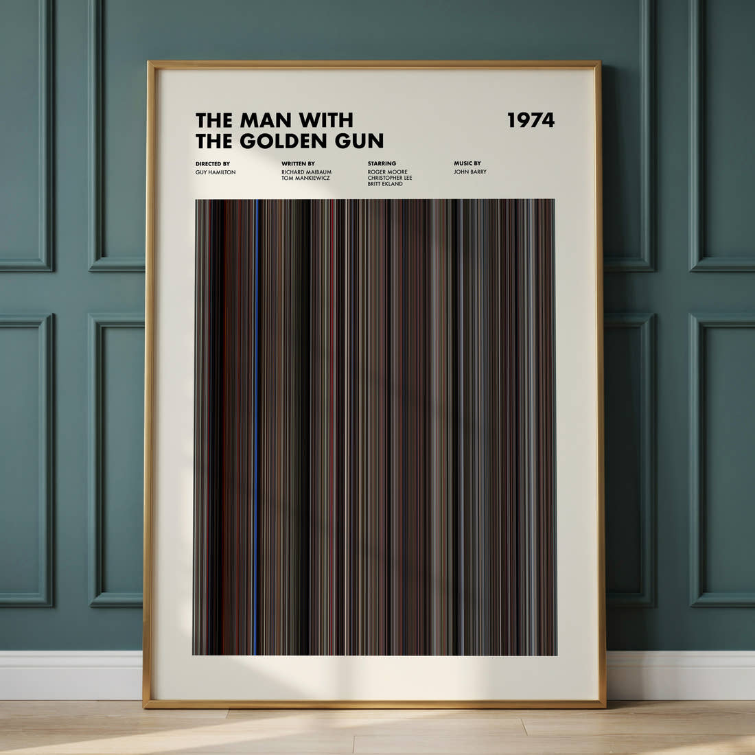 The Man with the Golden Gun Movie Barcode Poster framed and leaning against a panelled wall