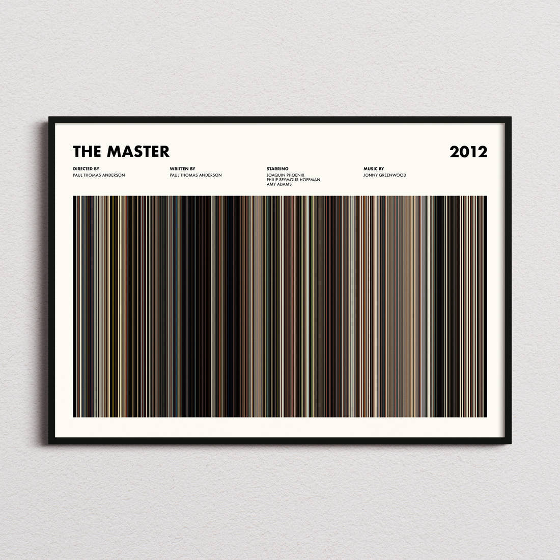 The Master Movie Barcode Poster framed and photographed straight on