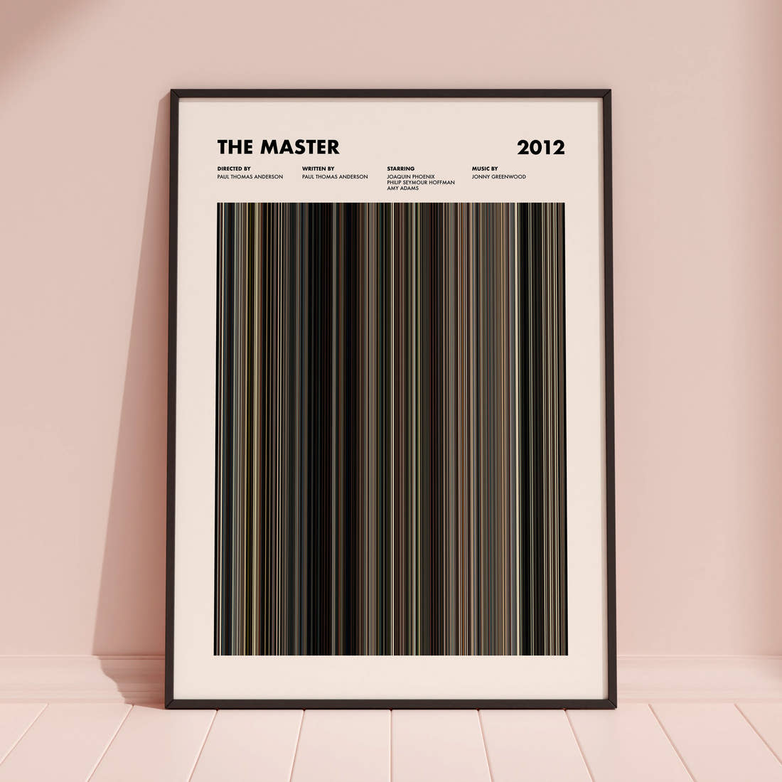 The Master Movie Barcode Poster framed and leaning against a coloured wall