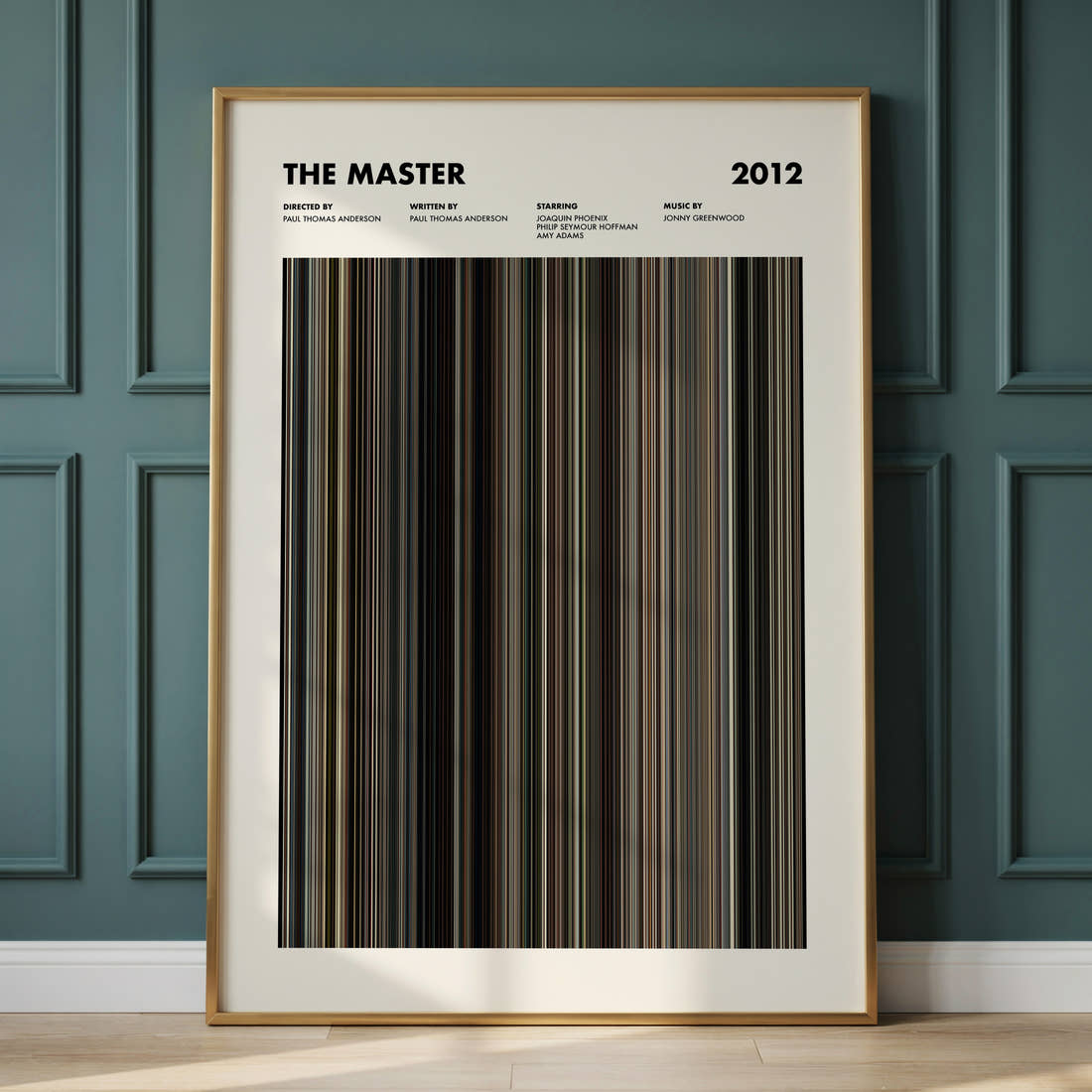 The Master Movie Barcode Poster framed and leaning against a panelled wall