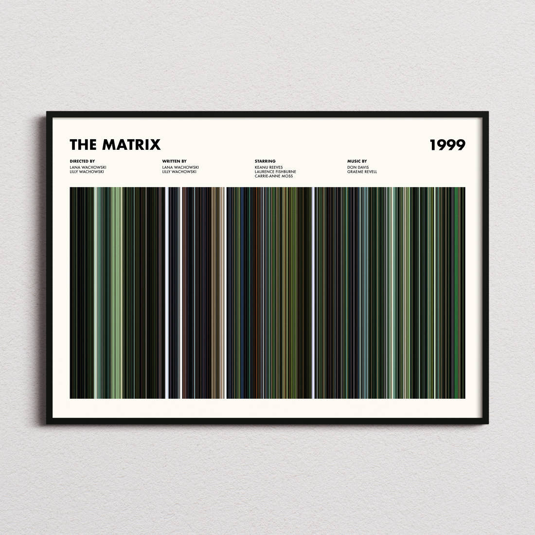 The Matrix Movie Barcode Poster framed and photographed straight on