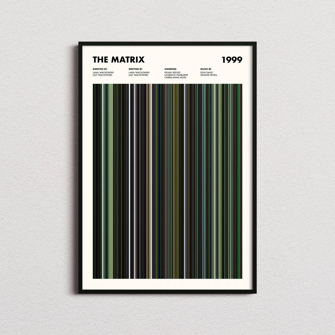 The Matrix Movie Barcode Poster framed on a plain studio wall