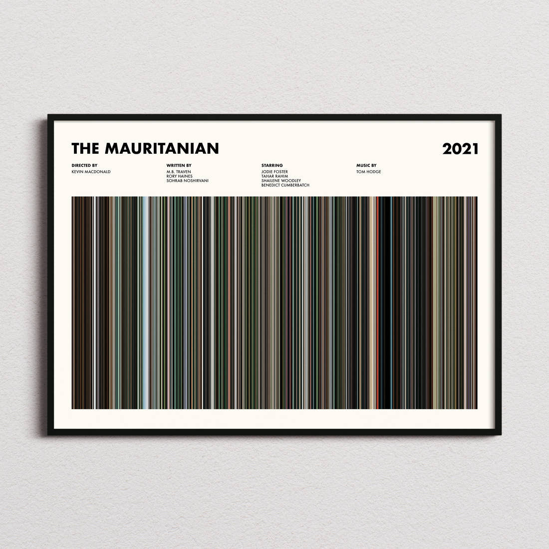 The Mauritanian Movie Barcode Poster framed and photographed straight on