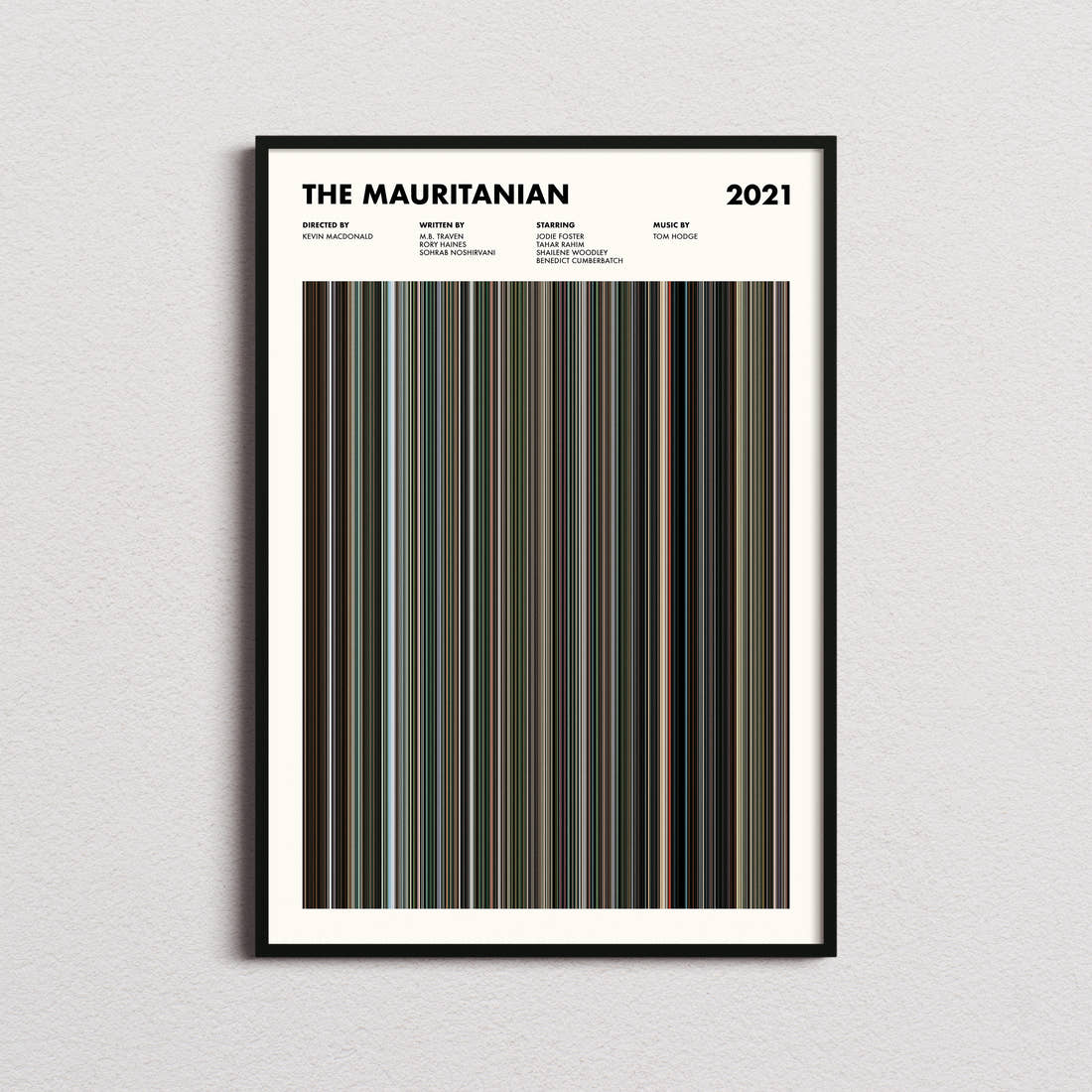 The Mauritanian Movie Barcode Poster framed on a plain studio wall
