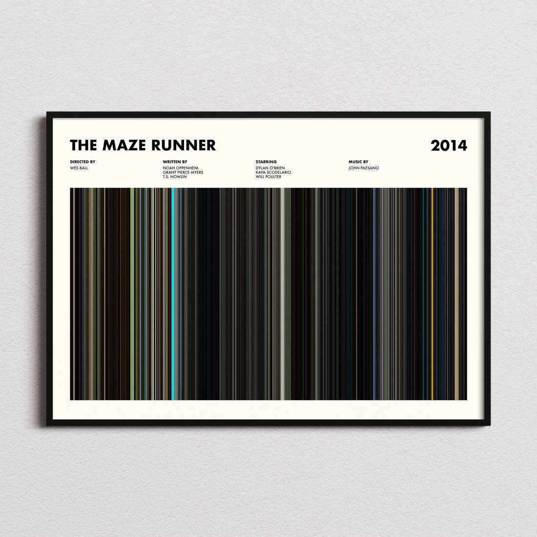The Maze Runner Movie Barcode Poster framed and photographed straight on