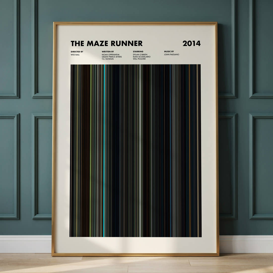 The Maze Runner Movie Barcode Poster framed and leaning against a panelled wall