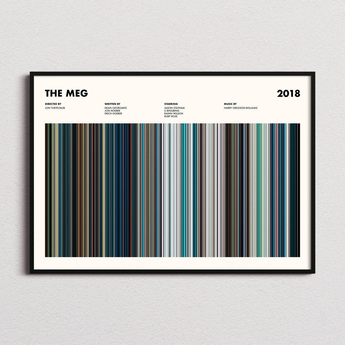 The Meg Movie Barcode Poster framed and photographed straight on