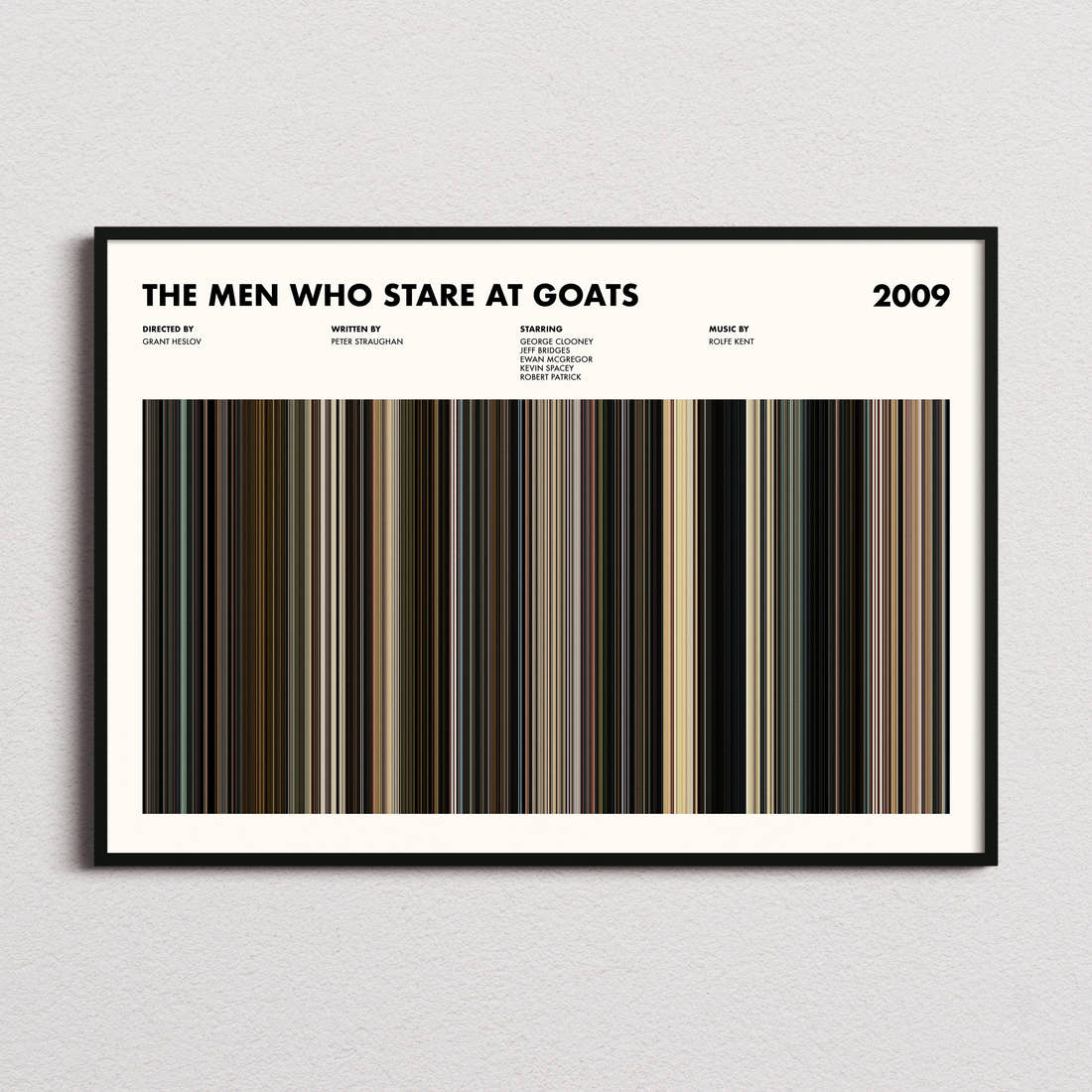 The Men Who Stare at Goats Movie Barcode Poster framed and photographed straight on